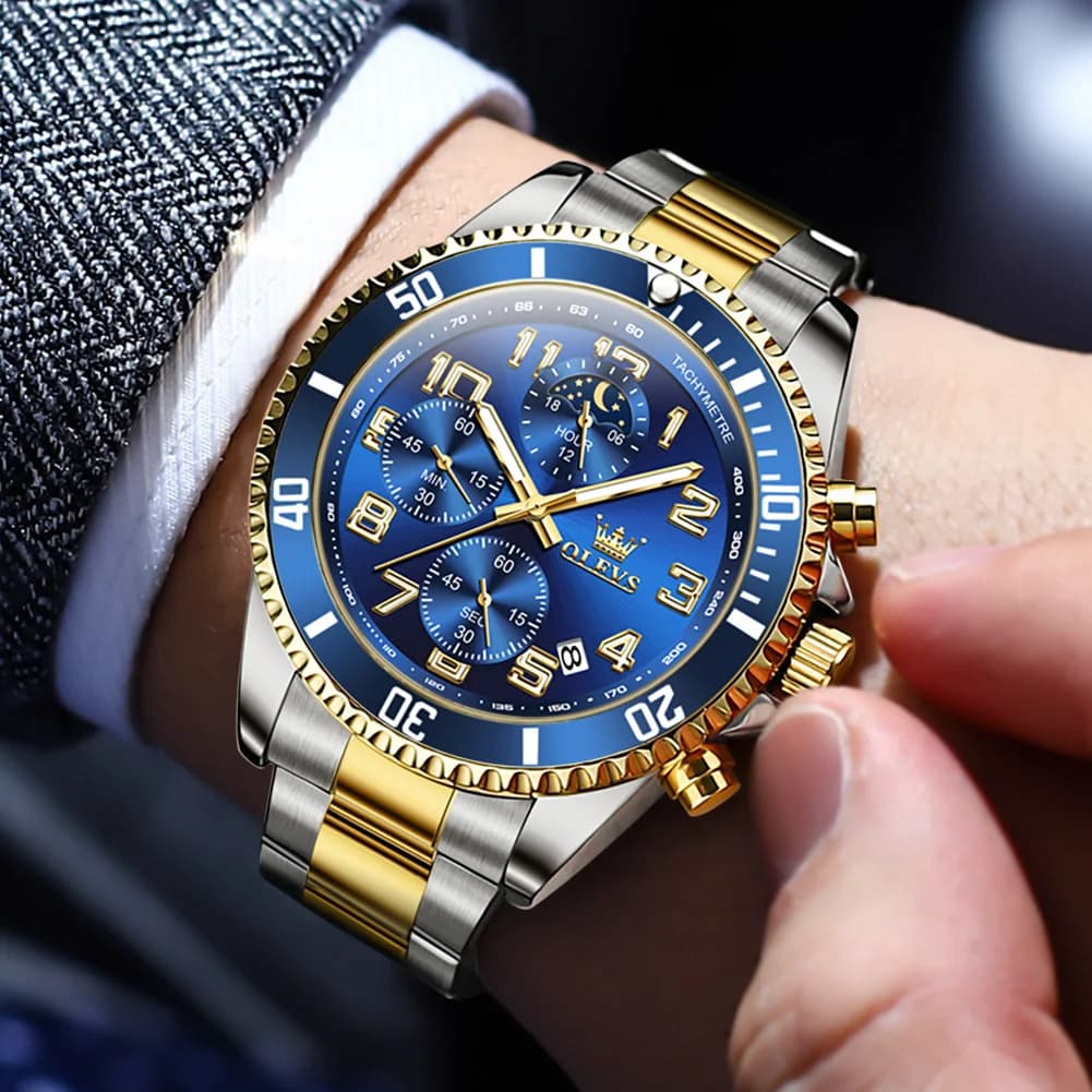 OLEVS Nuovo Orologio Cronografo Sportivo da Uomo al Quarzo in Acciaio Inossidabile Impermeabile con Fasi Lunari Luminose Relogio