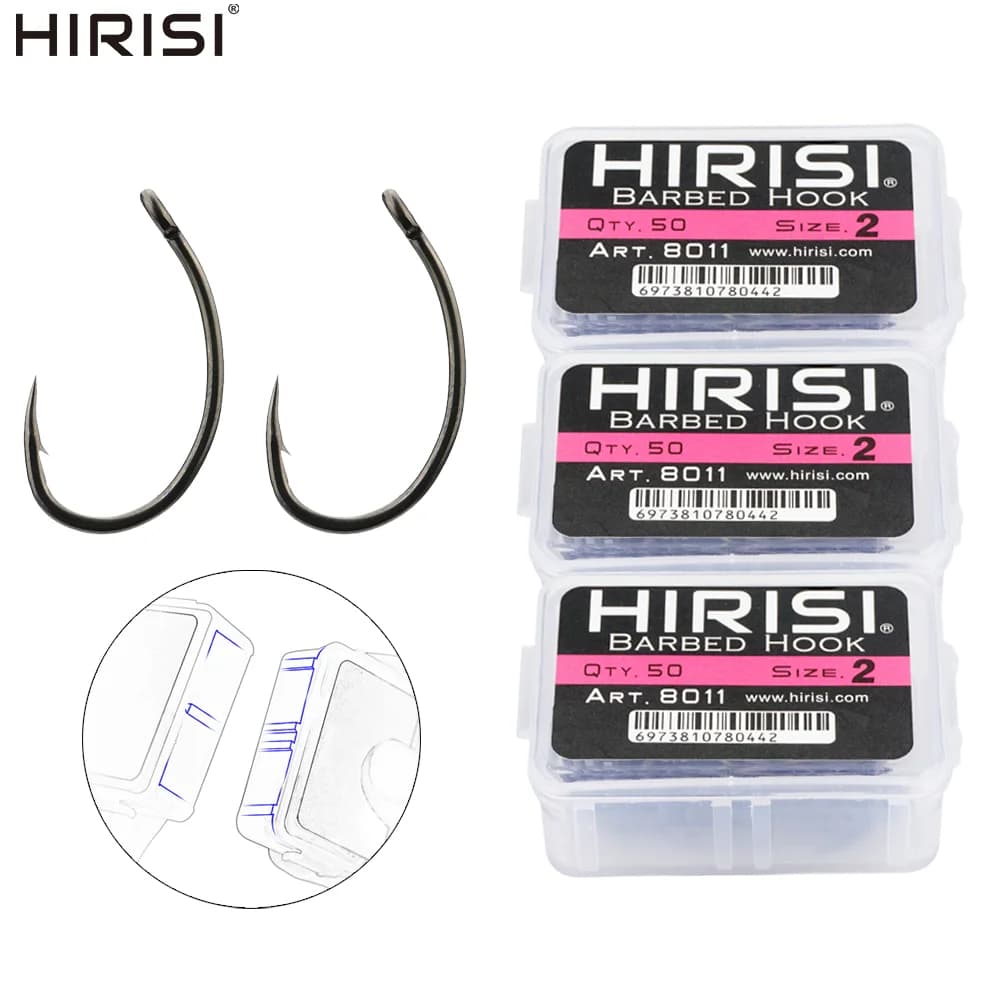 Hirisi 50/100pcs PTFE Coating Carp Fishing Hooks Steel Barbed Hooks In Box 8011 Fishing Accessories