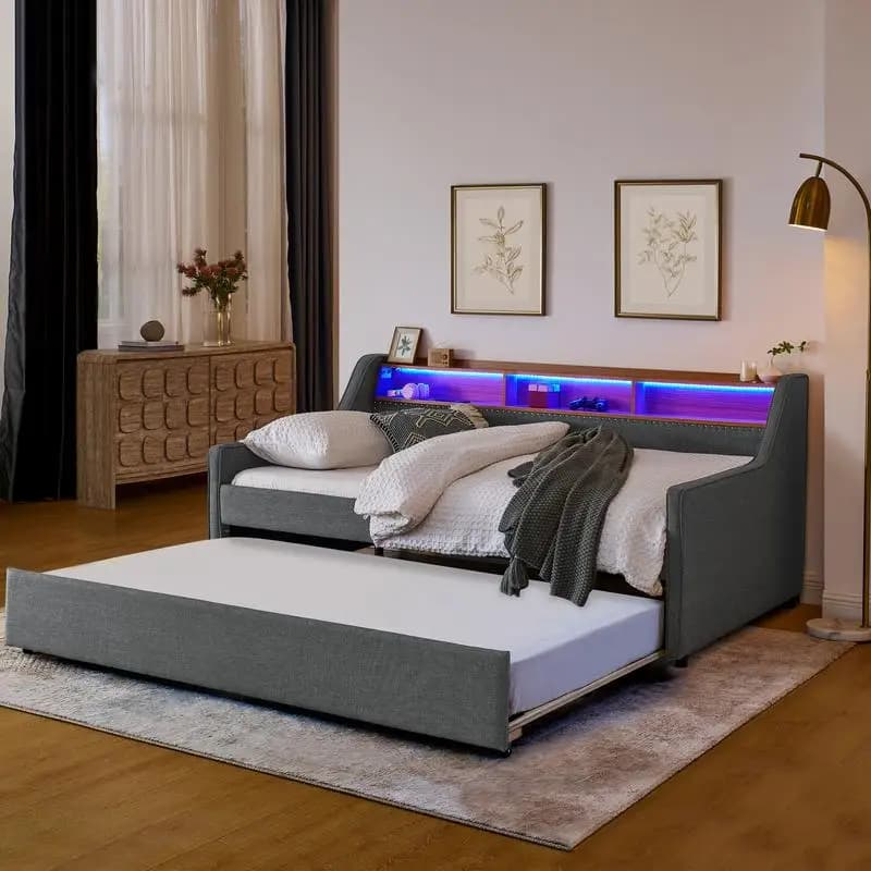 Divano letto imbottito doppio con luci a LED, testiera regolabile con contenitore, letto estraibile con gambe pieghevoli, ricarica wireless, lino