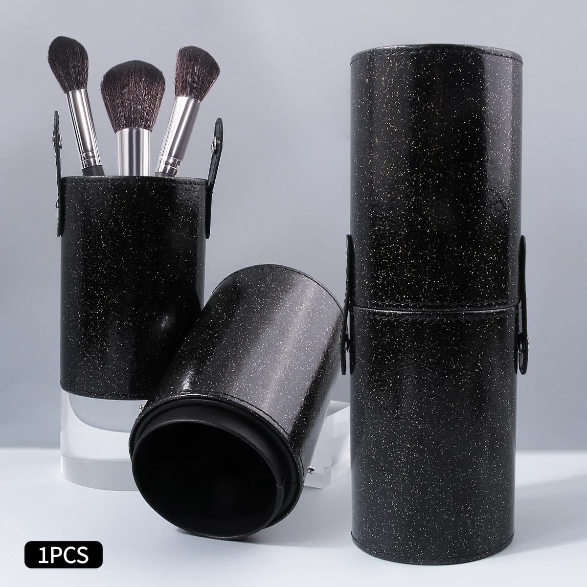 Contenitore per pennelli da trucco nero da 1 pezzo, porta pennelli cosmetici cilindrico di grande capacità staccabile, in pelle PU impermeabile e antipolvere