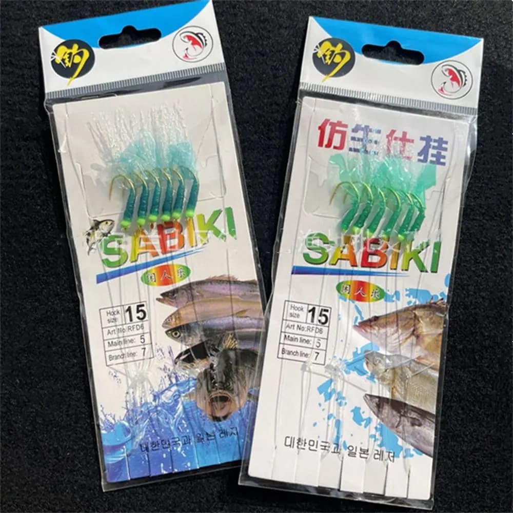 1 set Green Rubber Sabiki Rigs Feather Esche Golden Hooks Fishing rope hooks Sea bait Carbon Aces Sabiki Lure Salt Water