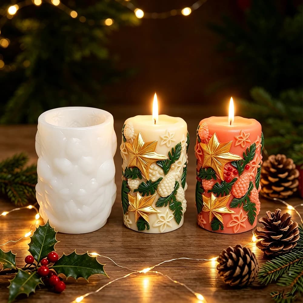 Embossed Christmas Pillar Candle Silicone Mold Star Pine Cone Leaf Relief Cylinder Mold for DIY Candle Soap Plaster Casting