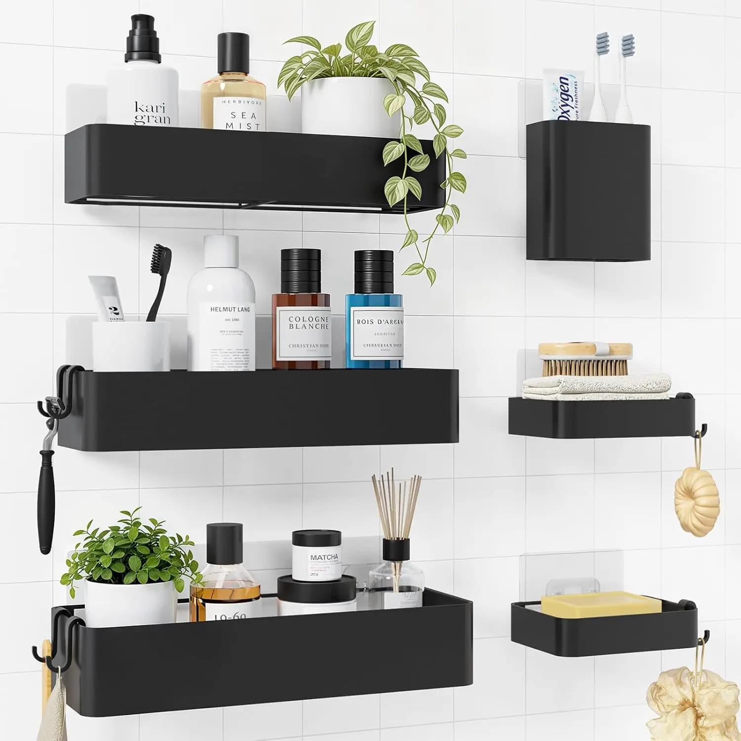Set di 6 Portaoggetti da Doccia Senza Foratura con Portasapone, Porta Spazzolini e Ganci - Organizzatore per Bagno Antiruggine, Nero