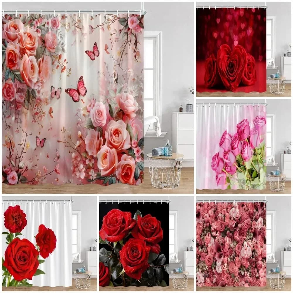 Tenda da doccia floreale con rose rosse, fiore romantico, pianta, amore, romanzo, tenda da bagno, decorazione moderna per il bagno in poliestere con gancio