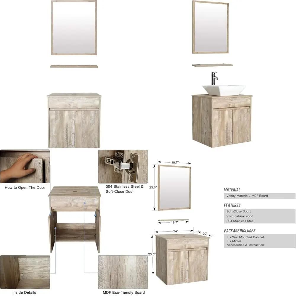 Set da toeletta da parete con mobiletto e specchio, finitura naturale, 24 pollici, lavabo da bagno combinato (senza lavabo)