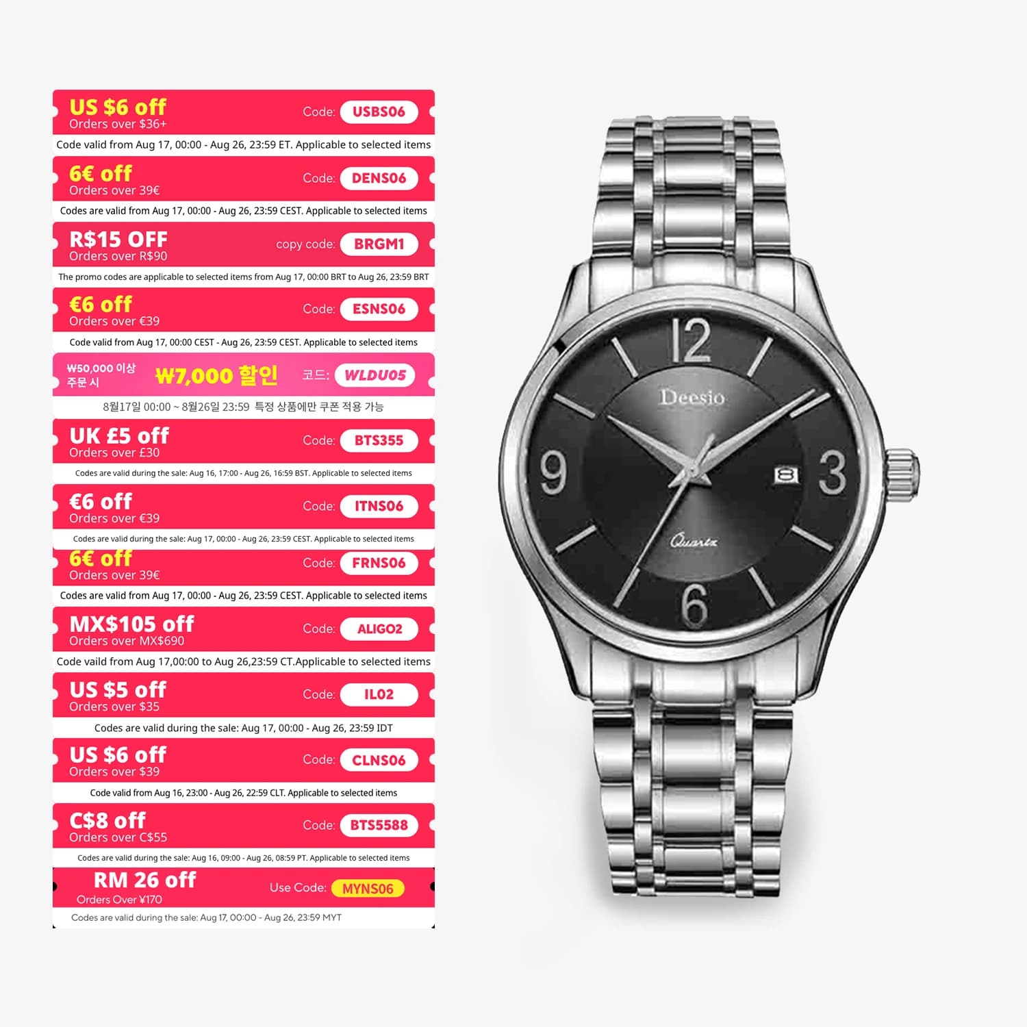 Deesio N30 Quartz Watch Classics Fashion Bussiness Wristwatch Men Waterproof Steel Band Calendar Watches for Wrist Luxury Clock