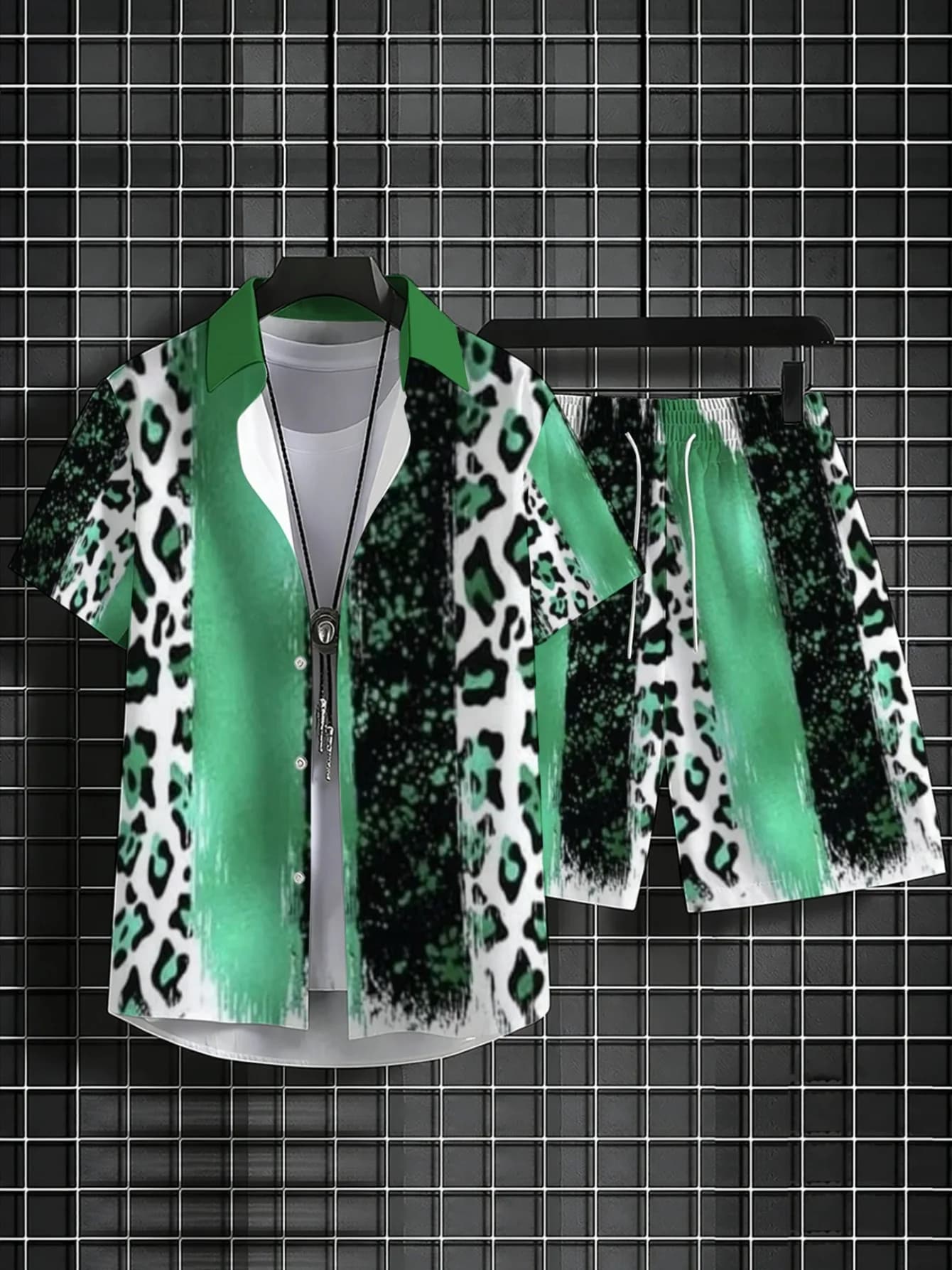 Men Green Leopard Print Two Piece Outfit Short Sleeve Shirt Elastic Waist Shorts Summer Beach Suit