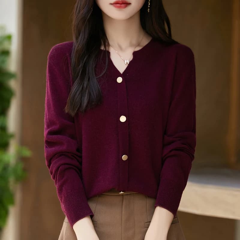 Cardigan in lana lavorata a maglia con colletto semiaperto e fibbia in rame casual alla moda autunno/inverno 2024