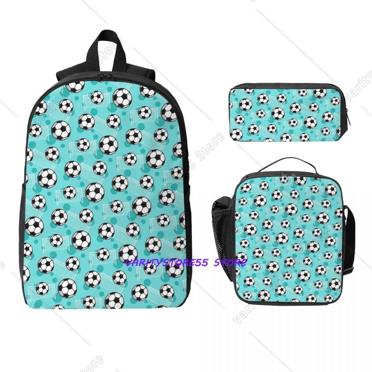 Pallone da calcio e porta da calcio - Zaino da calcio verde acqua, borsa per libri, borsa da scuola, borse a tracolla per computer, 3 pezzi, borsa termica per il pranzo, astuccio