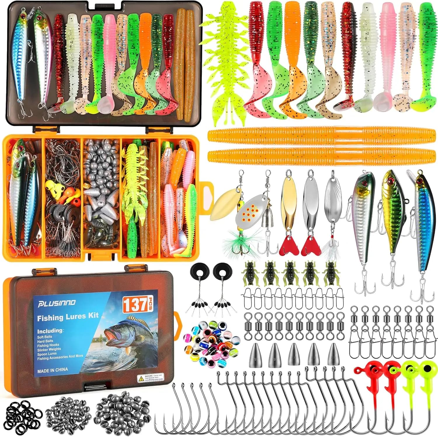 Kit di 137 Esche da Pesca con Scatola Porta Attrezzi, Crankbait, Cucchiaini, Ami e Pesi per Bass e Acque Dolci