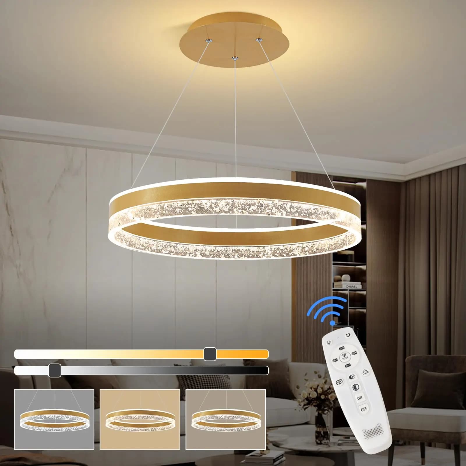 Lampadario LED Moderno a 1 Anello, Illuminazione a Sospensione per Isola Cucina, 50W Dimmerabile, Lampada a Sospensione LED con Telecomando