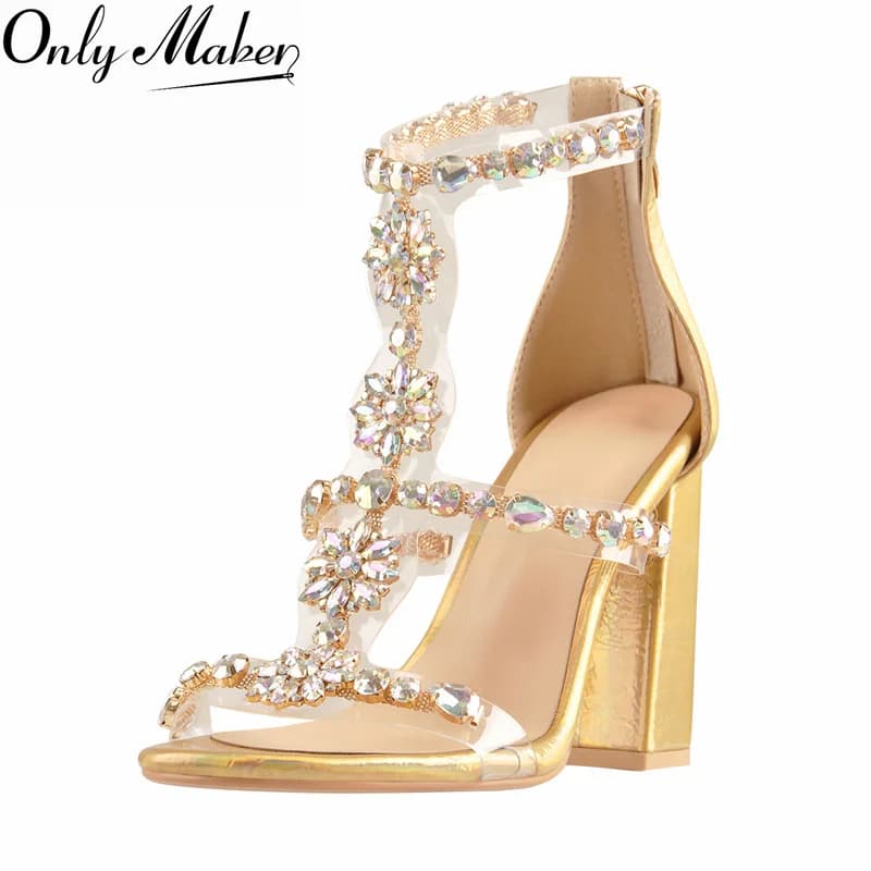 Onlymaker Women Gold Rhinestone Gladiator Sandals Floral Crystal Clear T-Strap Ankle Cuff Zipper Chunky Heel Wedding Party Heels