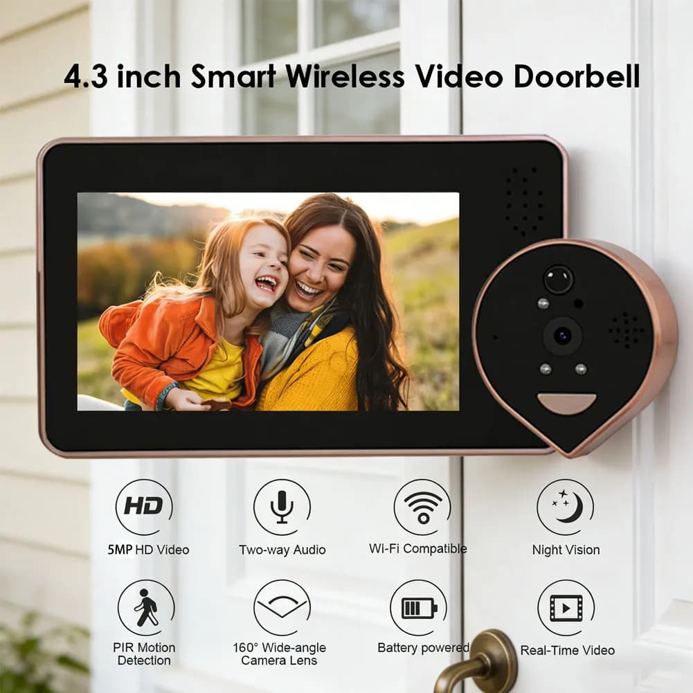 Campanello Video di Sicurezza Wireless Tuya Smart Home 5MP con Schermo LCD da 4,3 Pollici, Compatibile con Alexa 120 ° Spioncino grandangolare per la casa