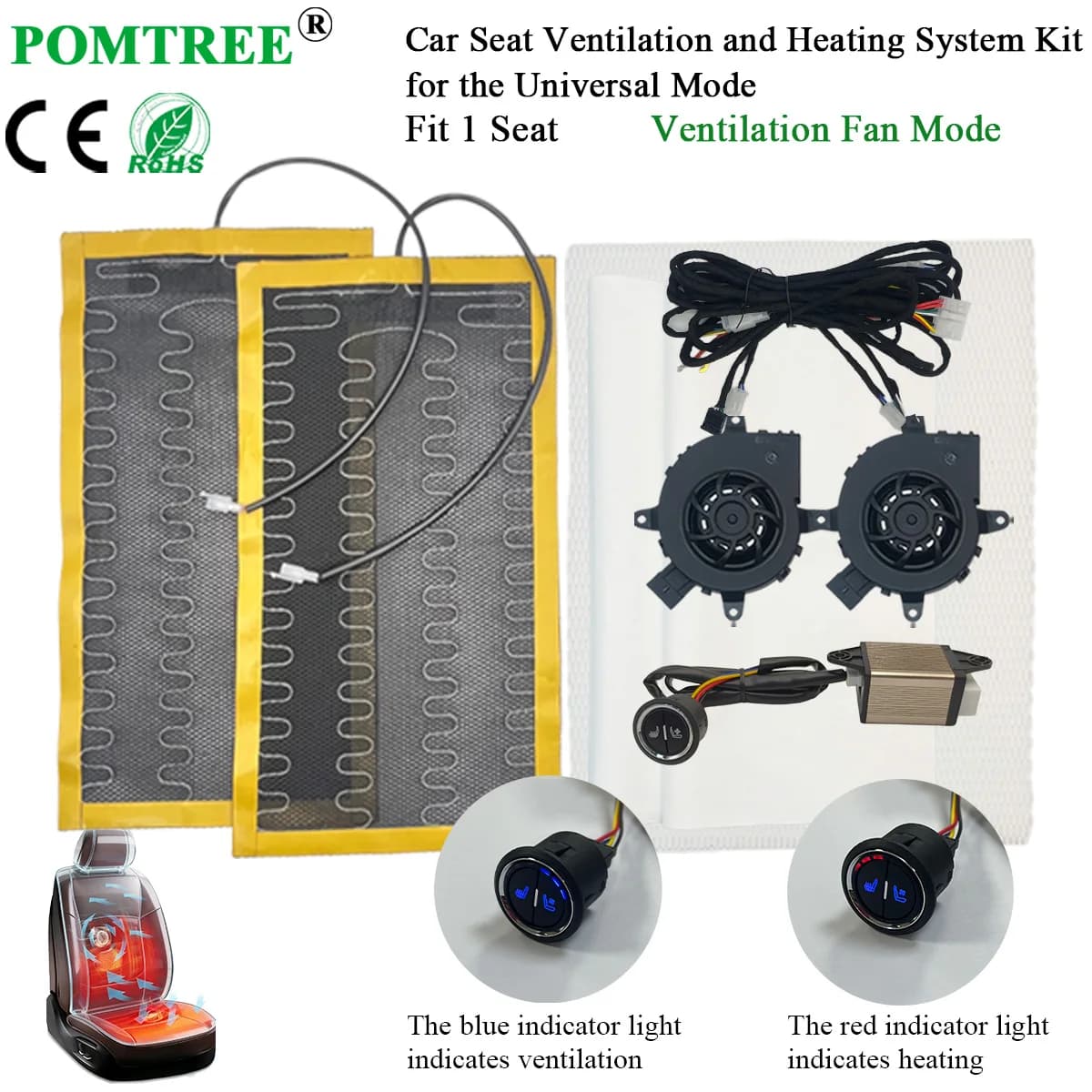 Kit universale integrato per ventilazione e riscaldamento del sedile auto, adatto a 1 sedile, con 2 cuscinetti riscaldanti e 2 ventole per tutte le stagioni.