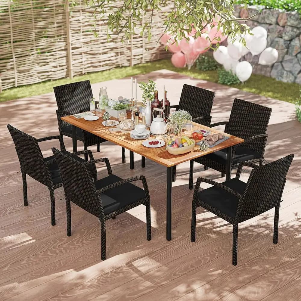 Set of Lunch for Esterni in 7 Pieces: Acacia Wood Table with Rattan PE Chairs, Bearings and Hole for Umbrella, for Patio, Garden, Courtyard