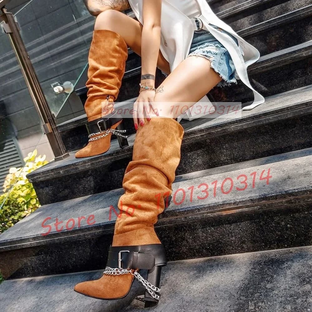 Women's Brown Knee Boots Belt Buckle High Heels Fashion Shoes Women's Shoe Streetwear Metal Chain Decor Retro Boots