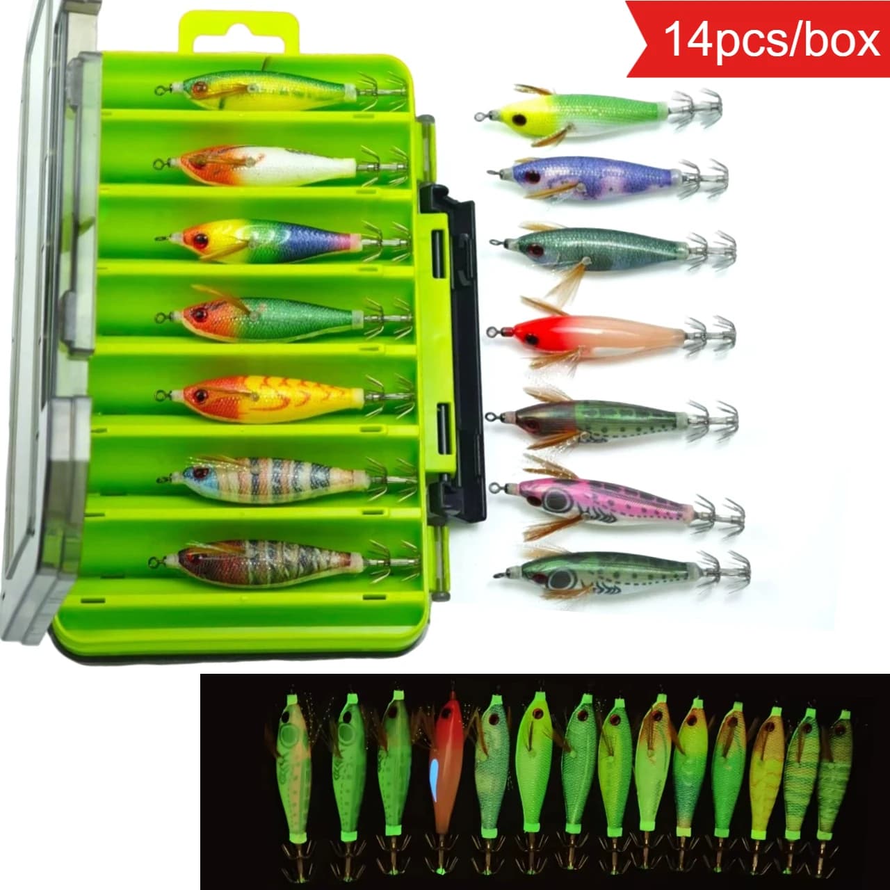 Set of 14 light baits for 8 cm, UV, wooden shrimp, for salt water fishing, for sepia and octopus, with tool box