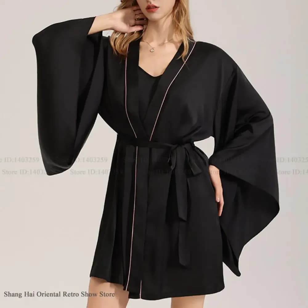 Fashion Big Sleeve Robe Kimono Gown Bathrobe Spring Summer New Sleepwear Nightgown Loose Silky Satin Home Dress Loungewear