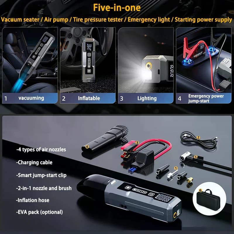 Avviatore di Emergenza 5 in 1 per Batteria Auto, Avviatore Potente con Pompa d'Aria e Aspirapolvere