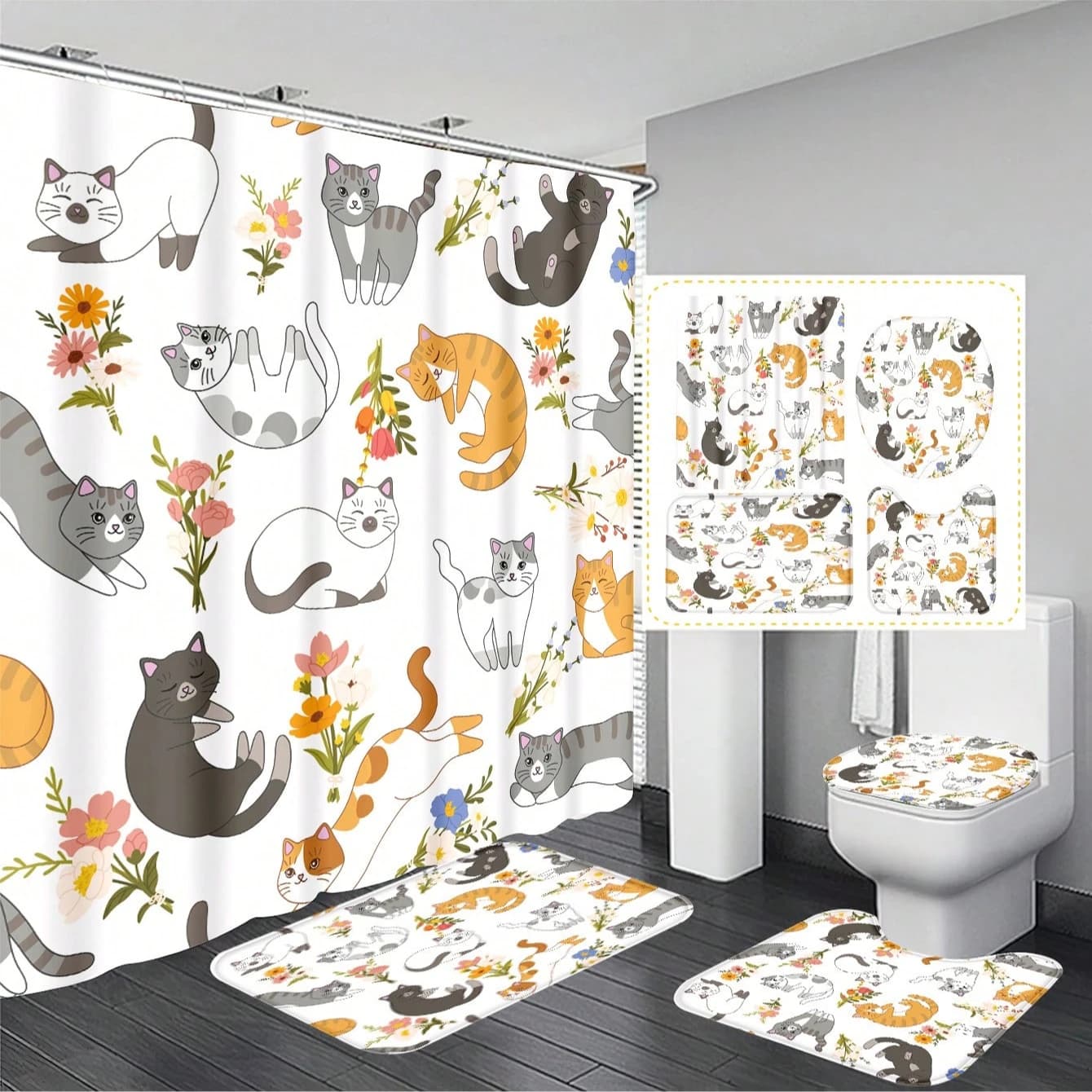 Decorazione della casa 4 pezzi Set di tende da doccia per bagno impermeabili con gatto cartone animato e floreale Set di decorazioni per il bagno multiuso