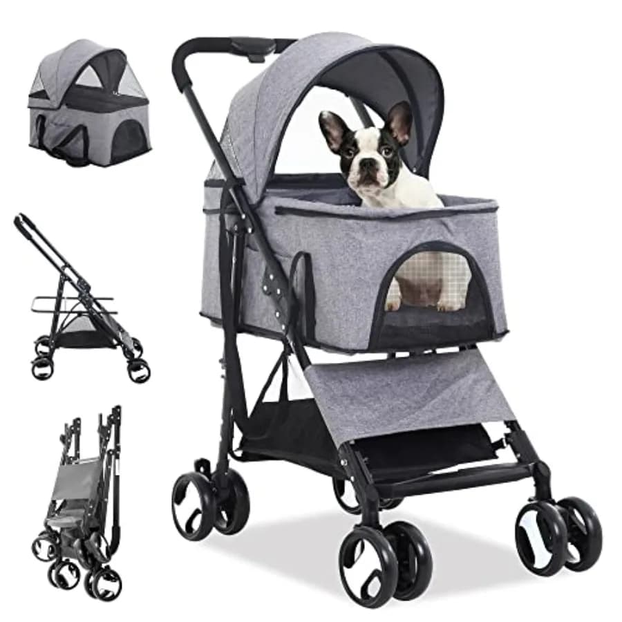 Passeggino per cani da viaggio, tessuto in poliestere, grigio, design pieghevole 3-in-1 con interruttore a un pulsante, cintura di sicurezza, trasportino rimovibile
