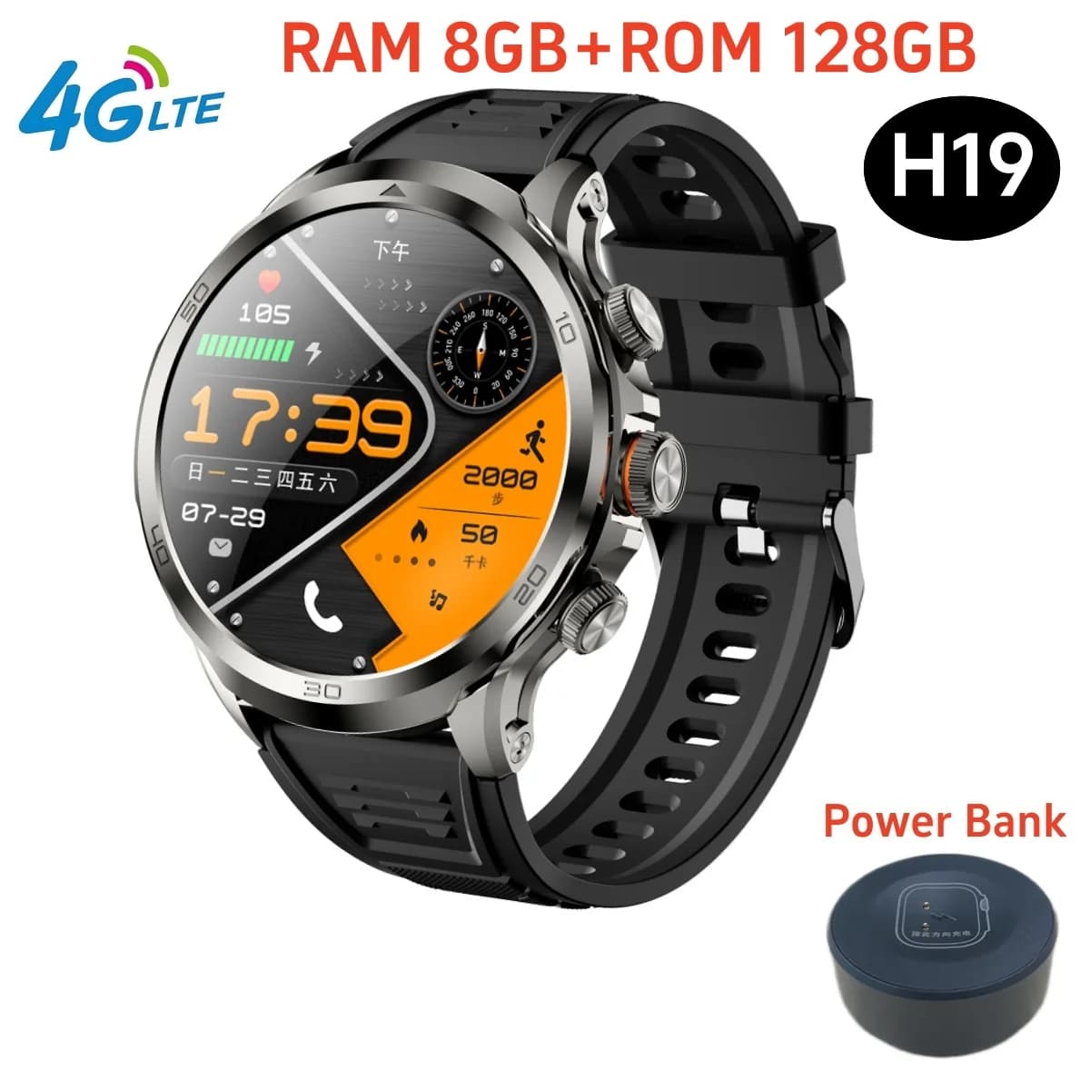 Originale H19 4G Full Netcom 128GB Smartwatch Android 9.0 con Power Bank 1.95 pollici Amoled Screen Camera GPS WIFI Smart Watch da uomo