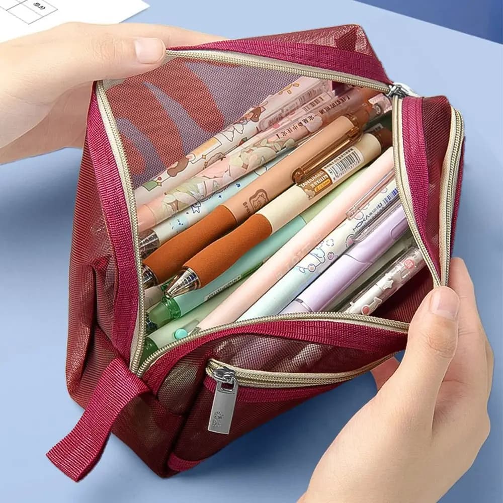 Portable Mesh Pen Bag Transparent Double-Layer Stationery Bag Large Capacity Pencil Case