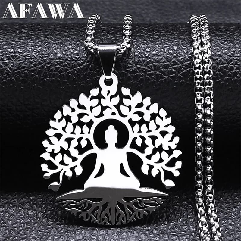 Buddhism Meditation Buddha Yoga Pendant Necklace Stainless Steel Tree of Life Necklace Buddhist Jewelry Collares Para Mujer