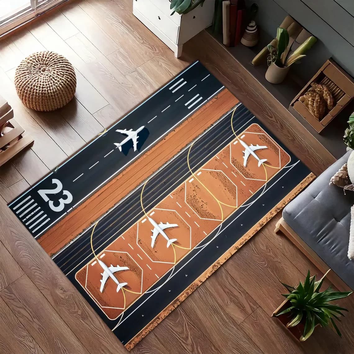 Tappeto Area Pista Aeroportuale con Stampa a Tema Aereo, Tappetino Antiscivolo Divertente per Cameretta Bambini, Sala Giochi e Appassionati di Aviazione