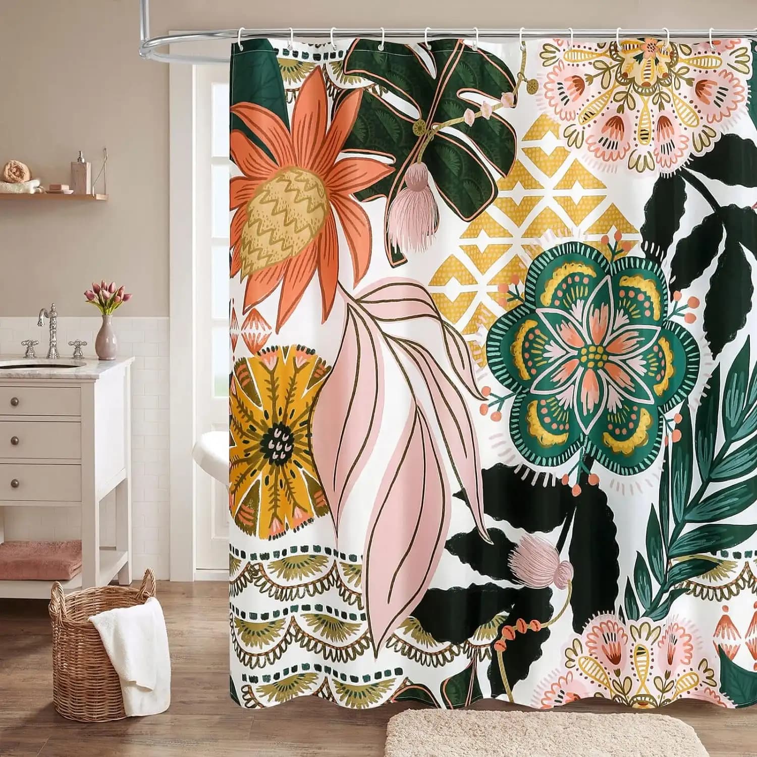 Tenda da doccia impermeabile floreale tropicale esotica - Fiori e foglie vibranti per un arredamento bagno lussuoso e invito