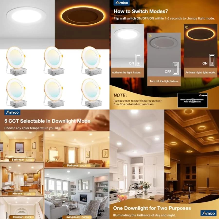 Confezione da 5 Faretti LED da Incasso a Soffitto con Luce Notturna, 2700K/3000K/3500K/4000K/5000K Selezionabili, Illuminazione Ultra Sottile da Incasso, 12W=11