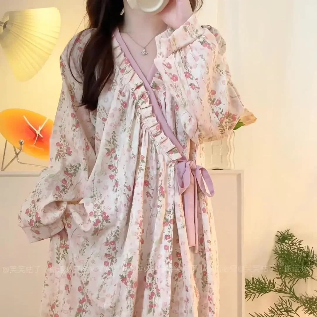 Nightgown Sleepwear Womens Korean Style Ruffles Night Dress One Piece Pajamas Long Sleeve Home Wear Plus Size Loose Nightdress