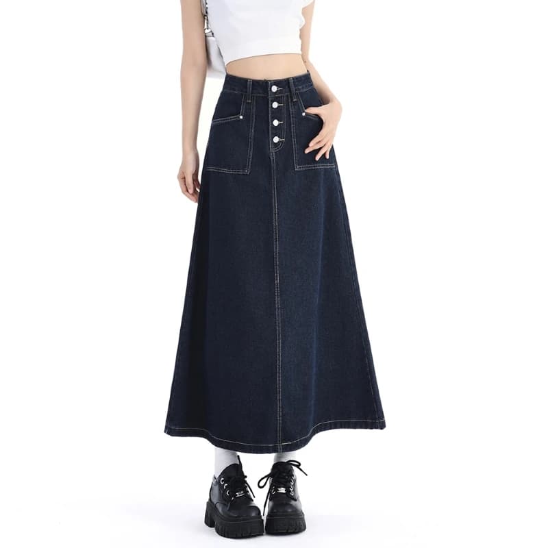 Gonna di Jeans a vita alta donna autunno 2024 nuovo arrivo bottoni singoli gonna lunga donna stile coreano Jeans Casual gonne donna