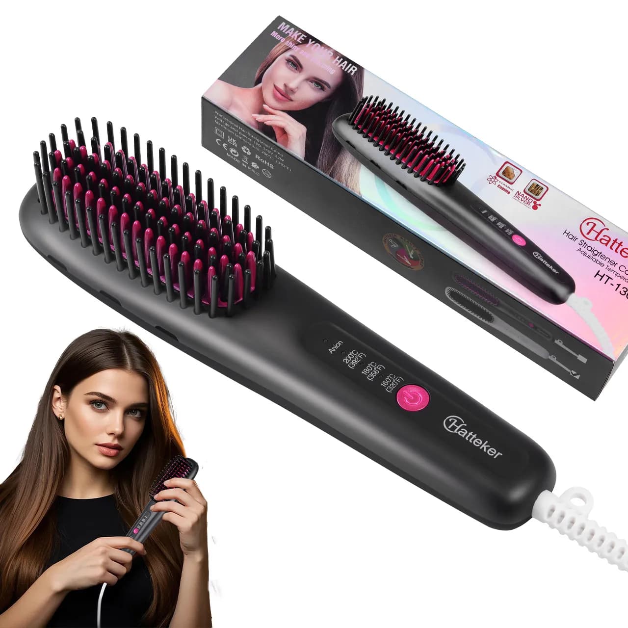 Brush for smoothing hair Portable negative ions plate for home with multi-heat Styling ceramic settings at 3 temperatures without damage