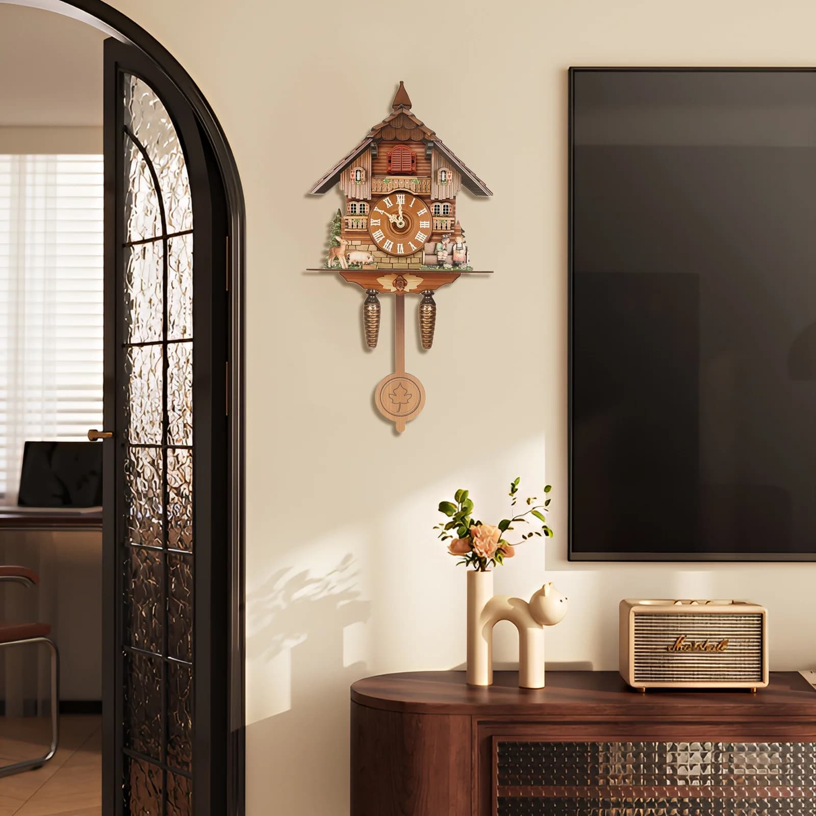 Cuckoo Wall Clock MDF House Shape Cuckoo Clock with Hourly Bird Chime Adjustable Volume Wall Mounted Pendulum Clock Large Clear Dial Eco-Friendly Paint-Free Decor Clock for Living Room Bedroom Kitchen Office Ideal Housewarming Birthday Gift