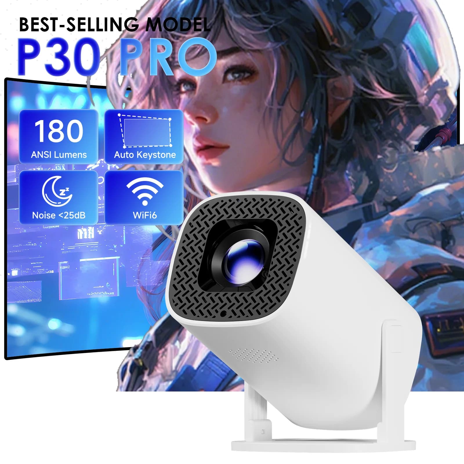 Mini Proiettore Smart P30 Android 14 Supporta Video 4K HD WiFi 6 BT5.0 Nativo 720p Home Theater Proiettore Portatile da Esterno