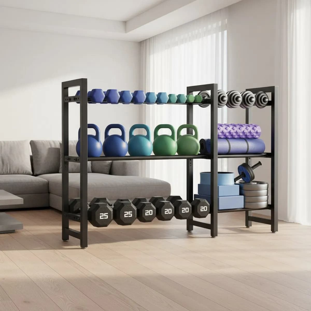 Adjustable 3-Tier Home Gym Weight Rack for Dumbbells Kettlebells