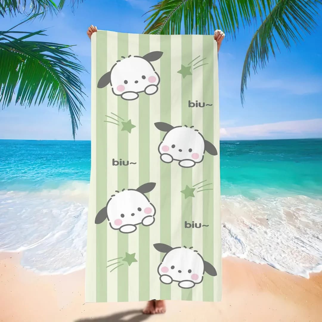 Simpatico telo mare a righe verdi con cartoni animati, morbido, ad asciugatura rapida, anti-sabbia, per viaggi, piscina, campeggio, accessori essenziali per la spiaggia