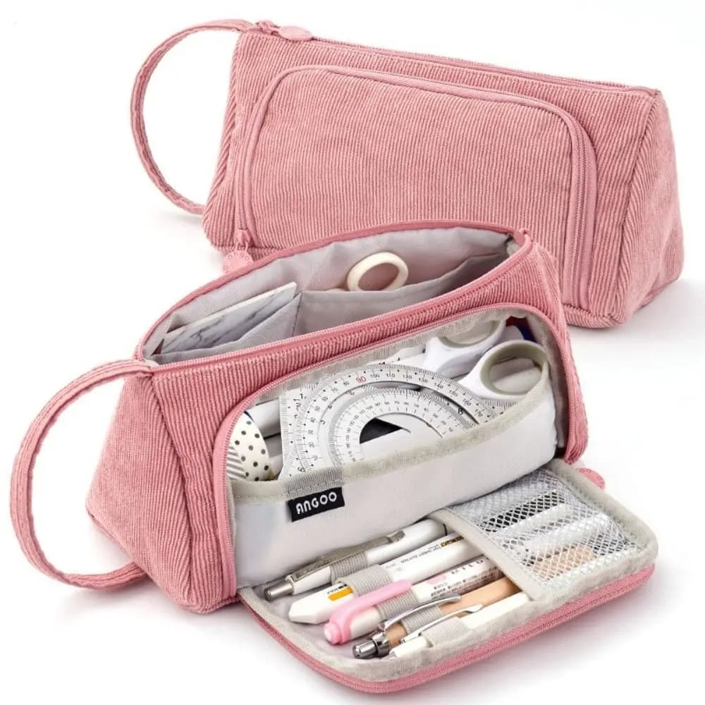 New Corduroy Pen Bag Large Capacity Double-layer Pencil Case Multifunctional Stationery Organizer Students