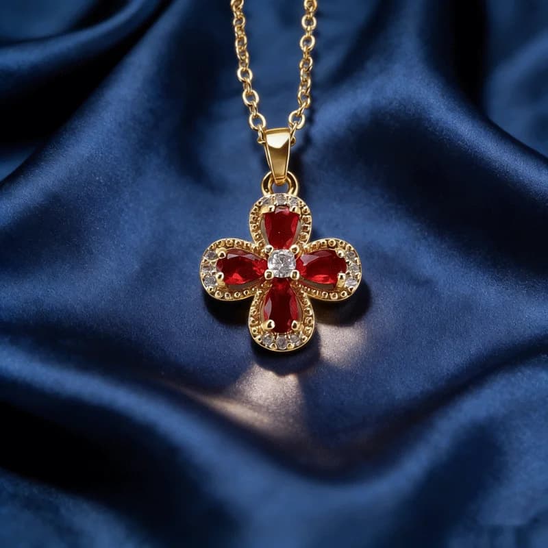 Collana con pendente a forma di fiore placcato oro di lusso leggero con cristallo rosso, catena a clavicola per donna, regalo per matrimonio, compleanno, anniversario, festa.