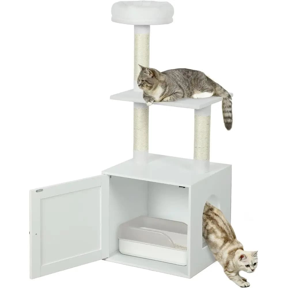 Torre per Gatti 2-in-1 con Lettiera Integrata, Cuccia, Piattaforme per Arrampicarsi, Tiragraffi, Bianca