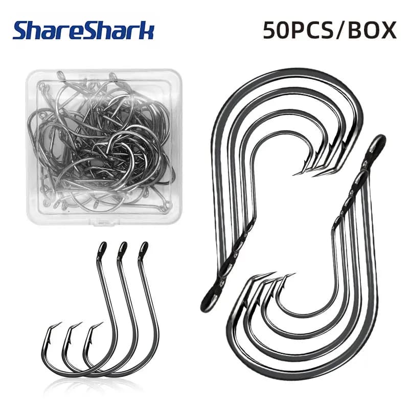 ShareShark 50 pz/scatola 7384 Acciaio Ad Alto Tenore di Carbonio Polpo Ganci con Anello Spinato Ami Da Pesca Richiamo Pesca in Mare Ganci Neri