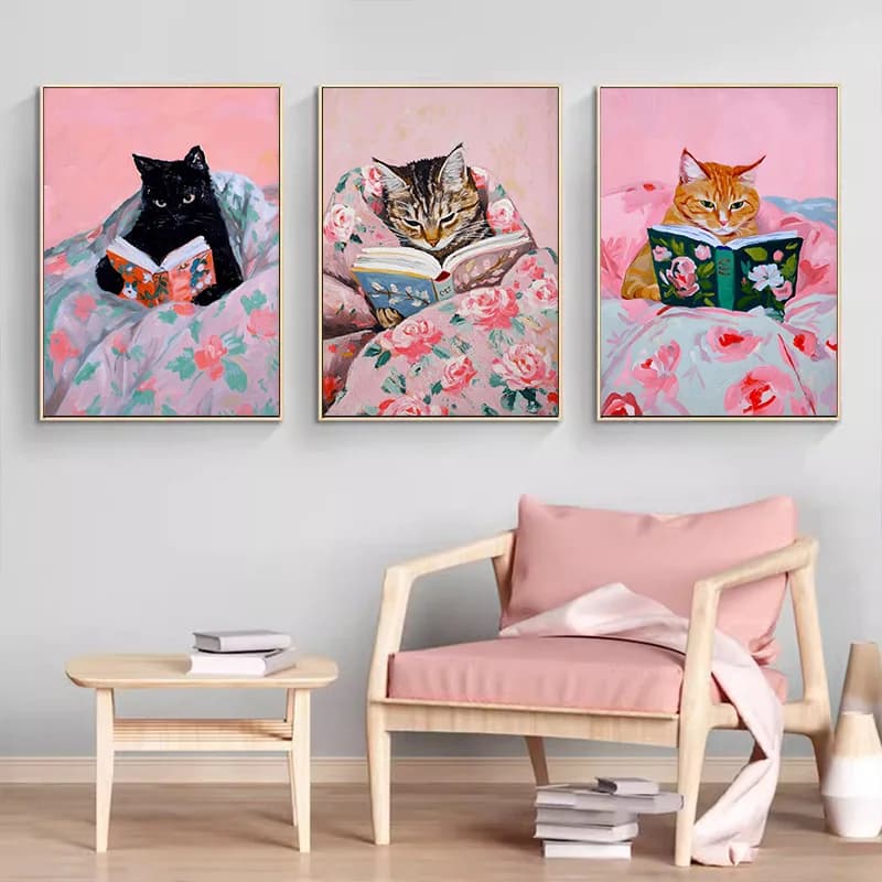 Cat Reading Books Pink Cosy Wall Art Reading Room Library Study Room Art Canvas Painter Residence Living Room Decorative Post