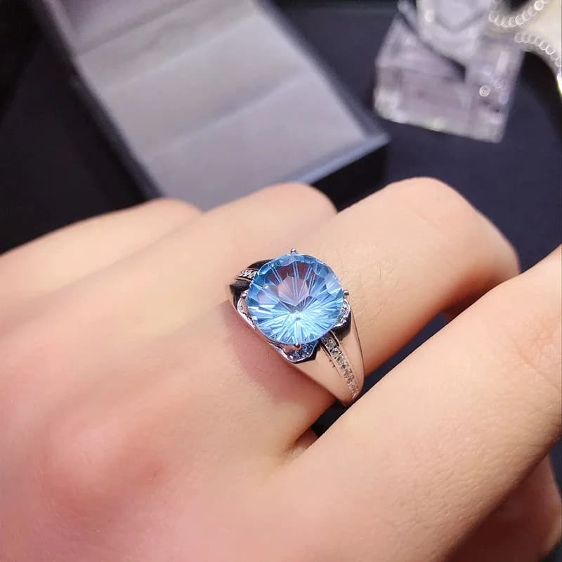 Anello con topazio azzurro per uomo 4ct 10mm Topazio naturale Gioielli da uomo Anello con pietra preziosa in argento massiccio 925 con placcatura in oro 18 carati a 3 strati