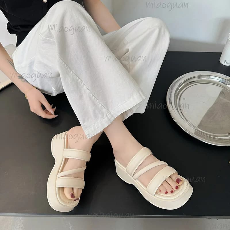 Thick Bottom Heightening Summer Slippers for Women Casual Outside Wear Ladies Sandals Solid Color Wedge High Heels Slides Shoes