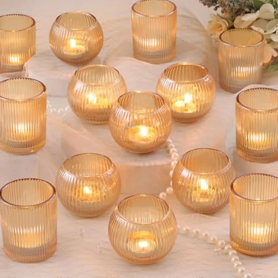 Set di 30 Portacandele Votive Dorati Scanalati Assortiti, Portacandele Dorati per Centrotavola Matrimoniale, Portacandele per Tea Light