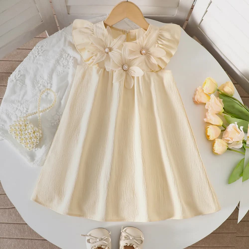 Nuovo Abbigliamento Estivo per Bambine dai 2 ai 7 Anni, Vestito Dolce con Collo Tondo e Fiori 3D in Tinta Unita, Versione Coreana