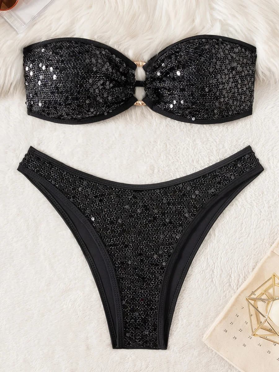 Paillettes lucide Maglia a fascia Bikini Costume da bagno femminile Costumi da bagno donna Bikini a due pezzi Costume da bagno brasiliano Costume da bagno da spiaggia