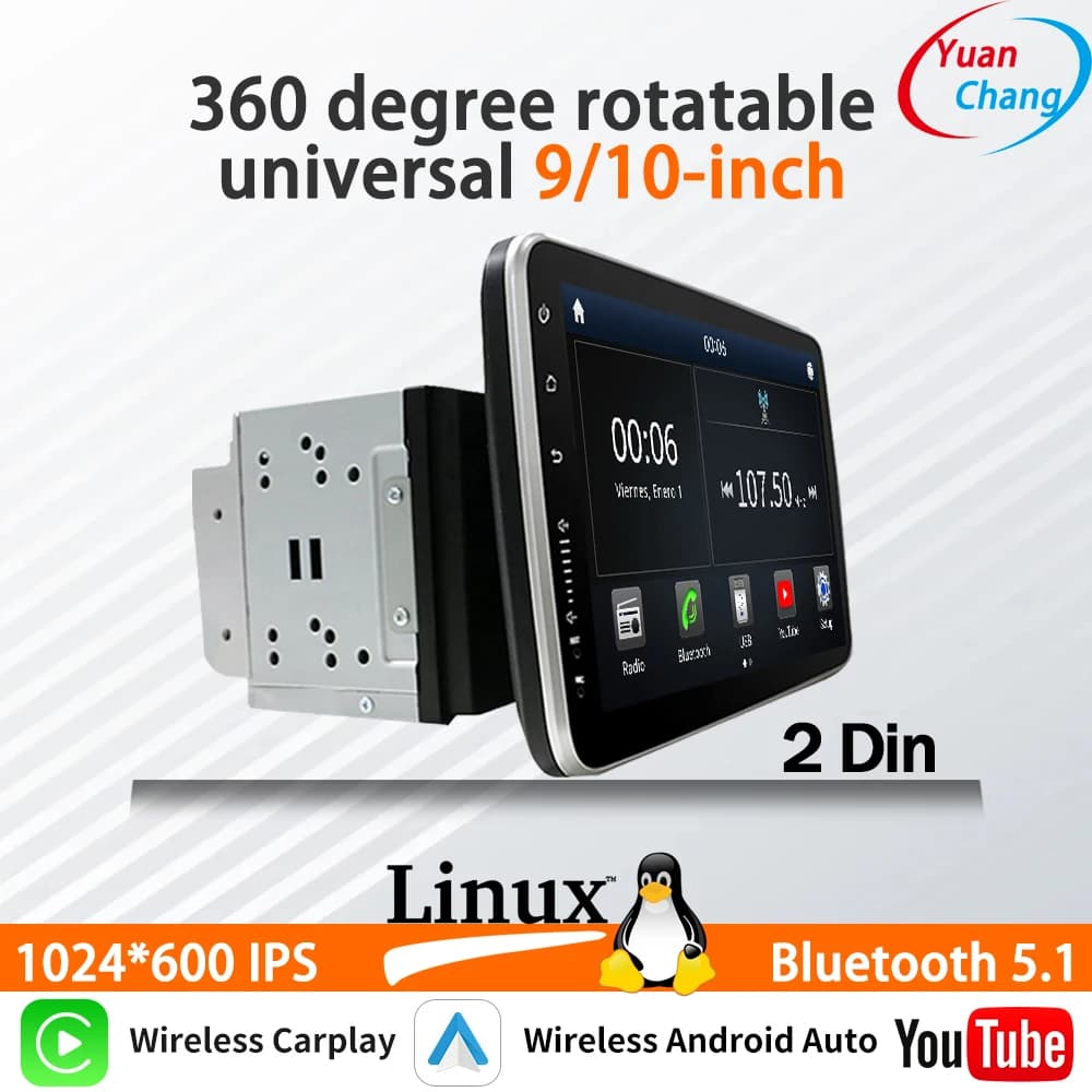 Linux system For universal 9/10-inch 360 degree rotatable 2din car Multimedia player wireless CarPlay Auto Bluetooth YouTube USB