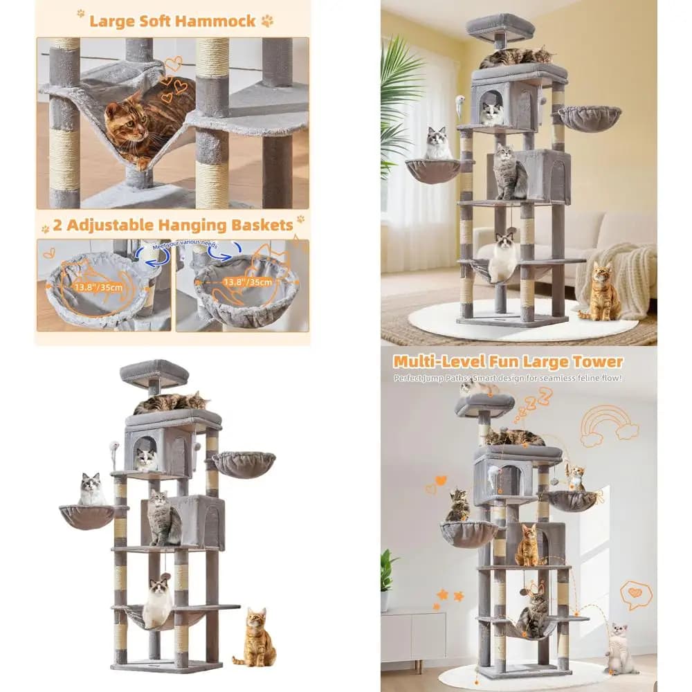 Torre per Gatti da Interno a 77 Livelli con 2 Cucce, Ampia Piattaforma, 2 Cesti, Amaca, 8 Tiragraffi, Grigio Chiaro